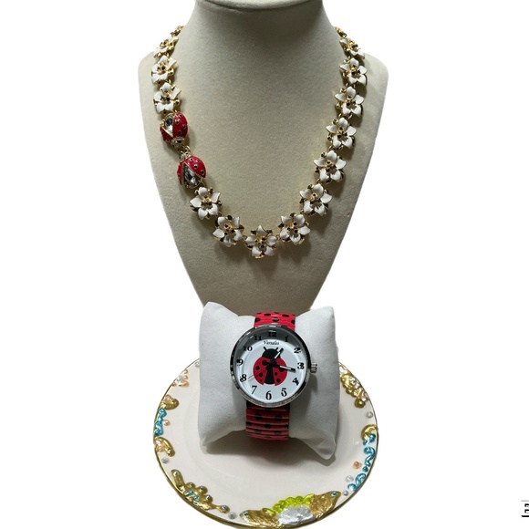 VTG TALBOT'S 18" GOLDTONE ENAMELED FLOWER LADYBUG NECKLACE & CUTE LADYBUG WATCH - Picture 1 of 11